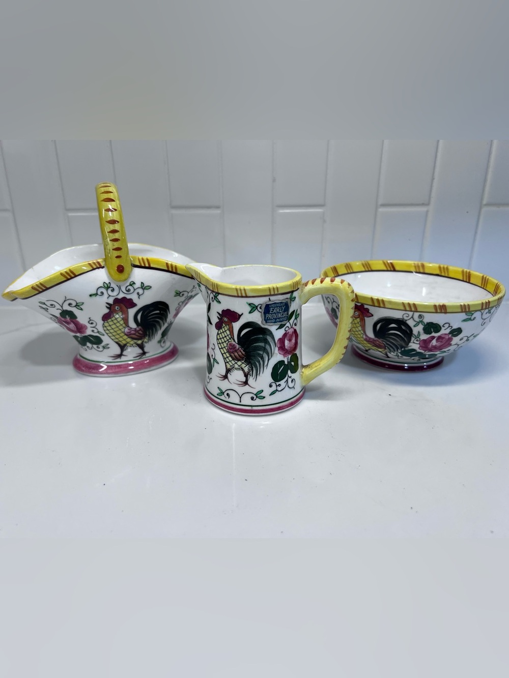 Vintage PY Early Provincial Rooster And Roses Ucago Pitcher Basket & Bowl - Picture 2 of 8